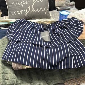 Forever 21 Blue and White Striped Off-Shoulder Top